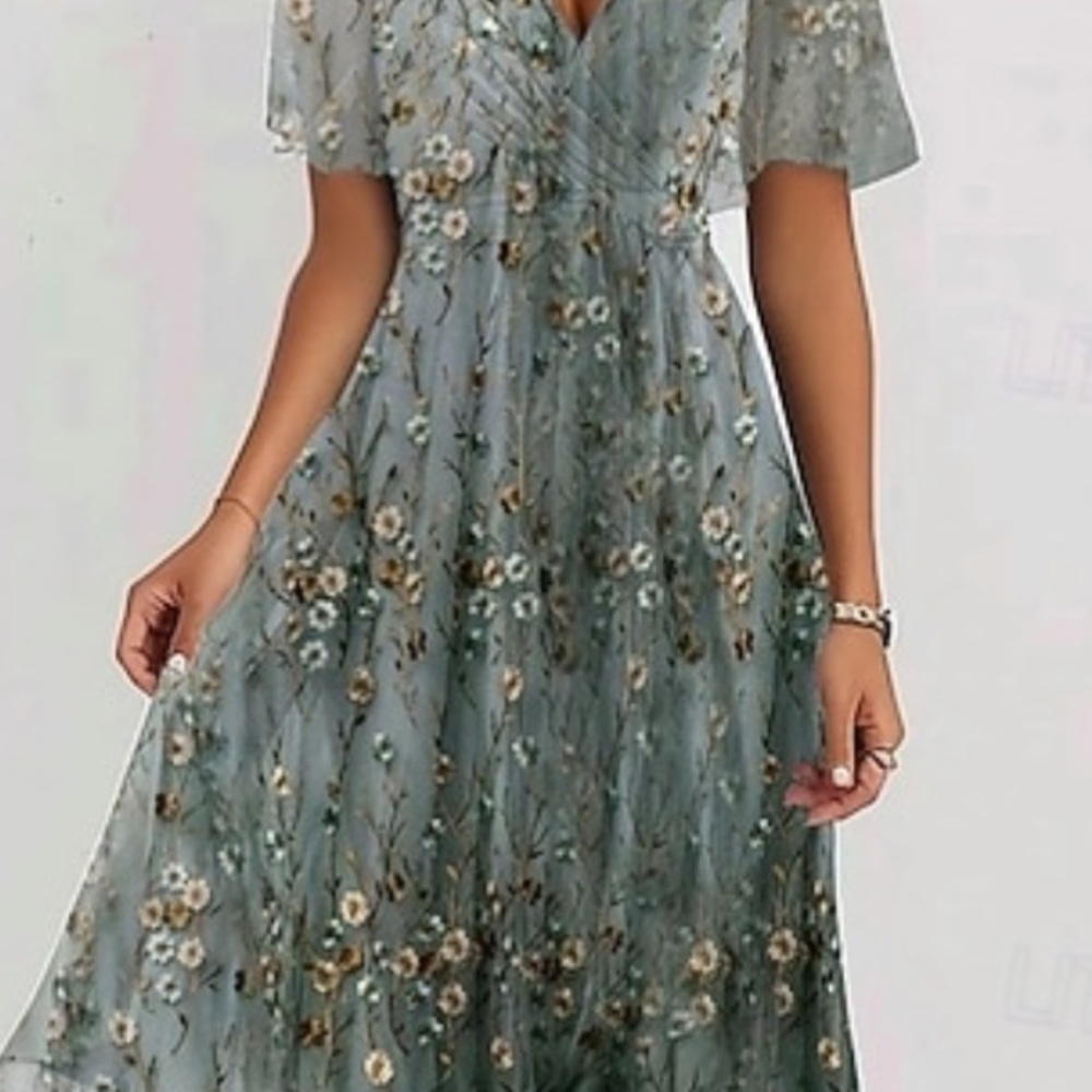 Floral V-Neck Short Sleeve MIDI Dress - Sage Green